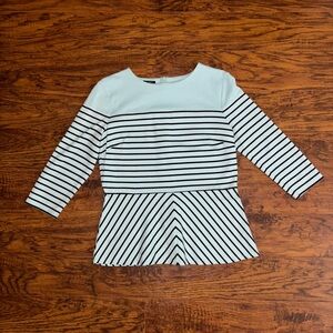 Talbots Petites Peplum Blouse 3/4 Sleeve Light Blue with Black Stripes Modal Top